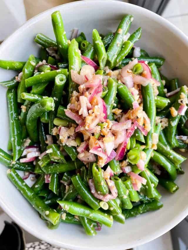 green bean salad in serving bowl